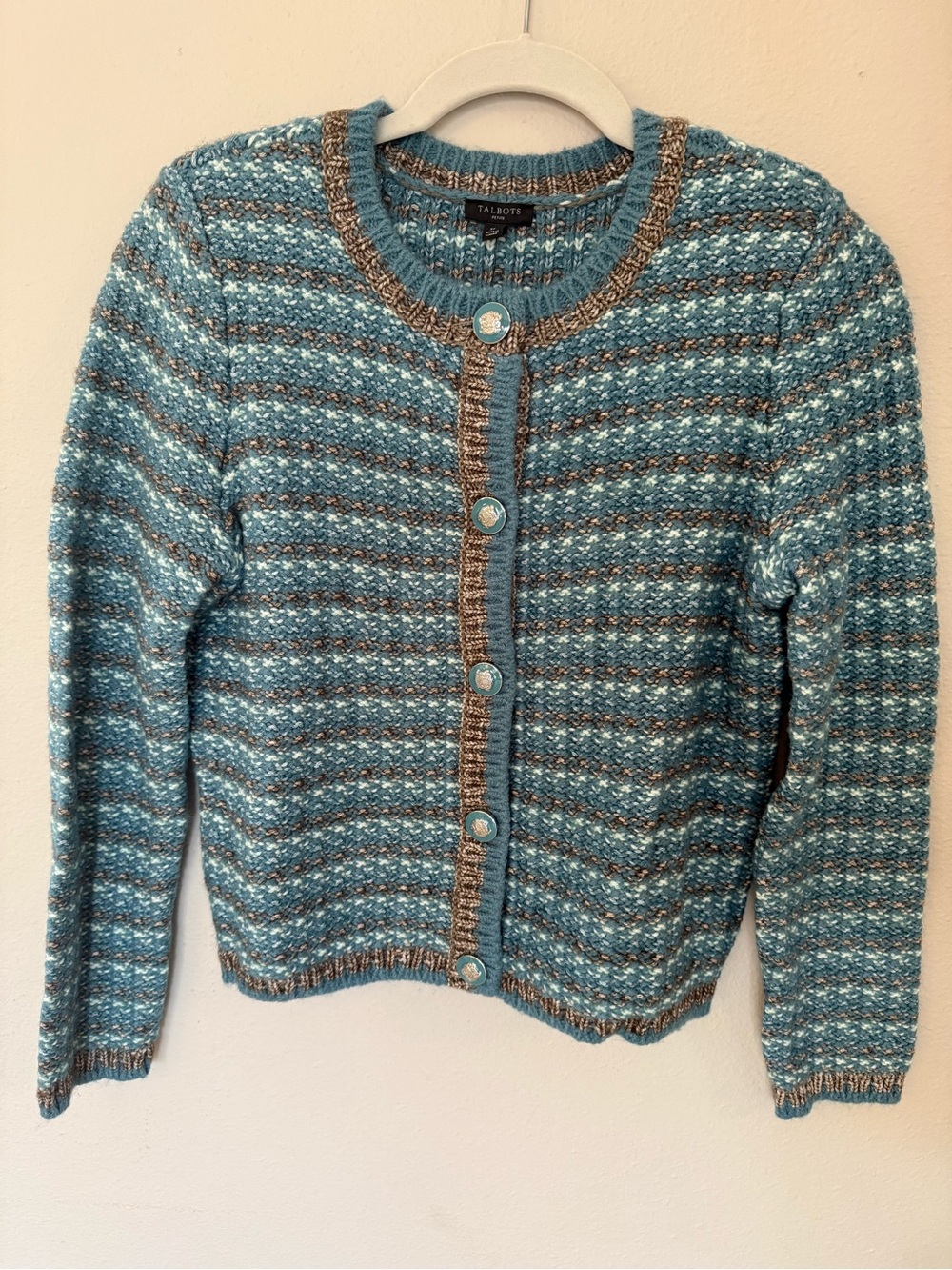 Talbots Teal and Brown Textured Stripe Cardigan